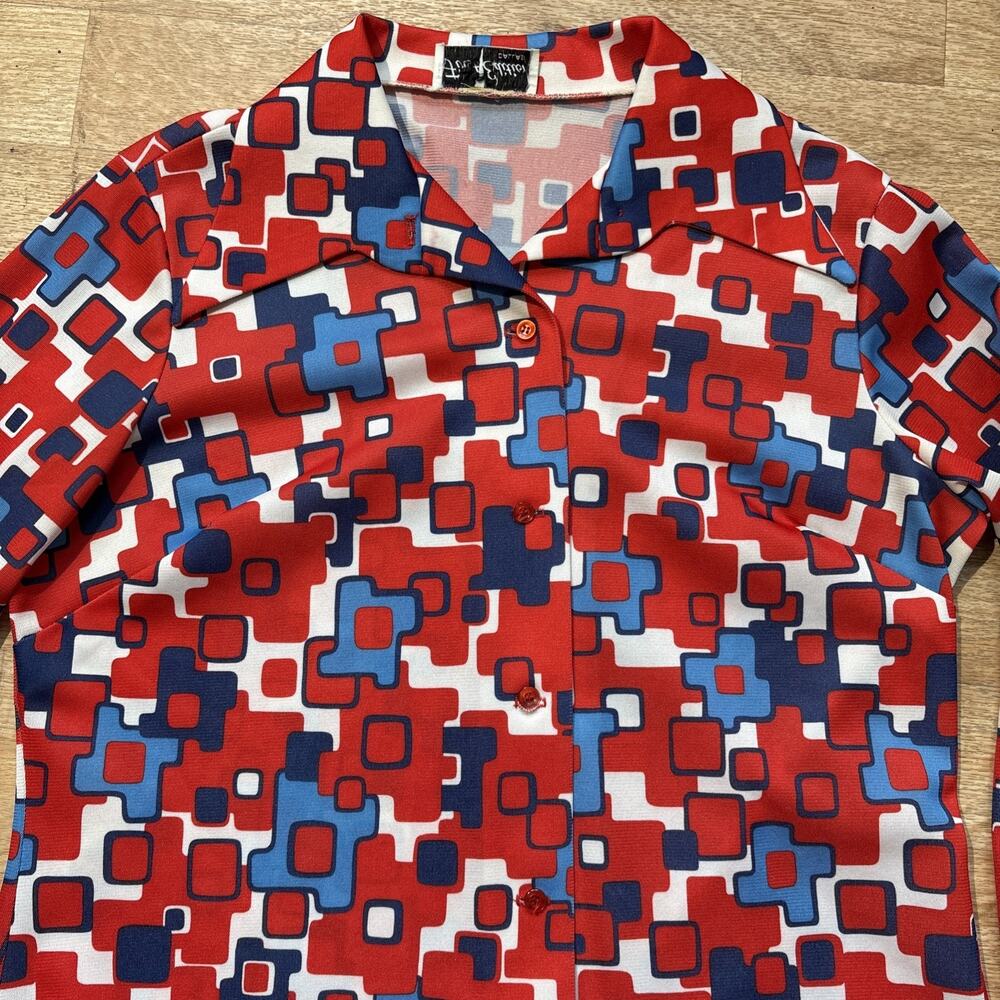 Vintage First Edition Dallas 70s 80s Disco Geometric Print Collared Shirt sz L